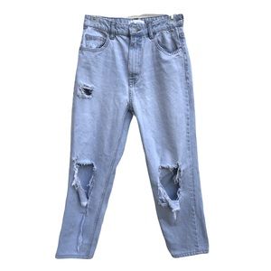 Zara High Rise Destroyed Crop Jeans Light Wash 4
